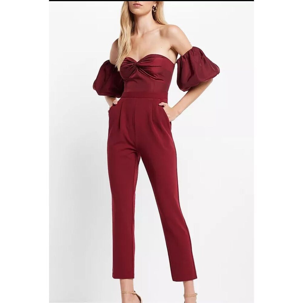 Express Burgundy Off-Shoulder Twist-Front Jumpsuit